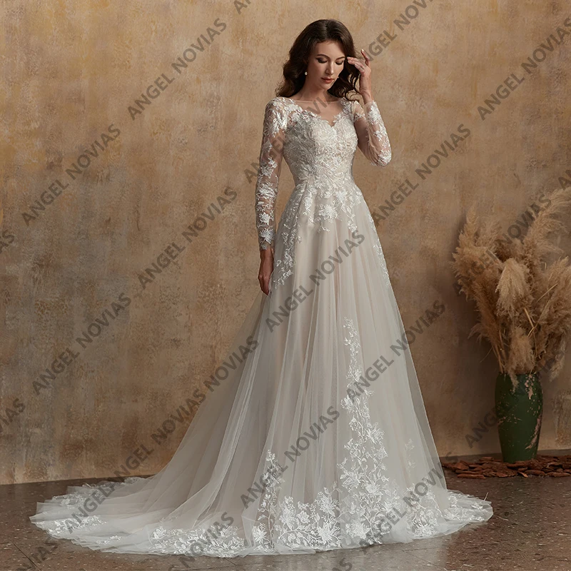 Angel Novias Tule Lange Mouw Trouwjurken 2026 Kant Bruidsjurk Aangepaste A-lijn Vrouwen Luxe Feestjurk Vrouw