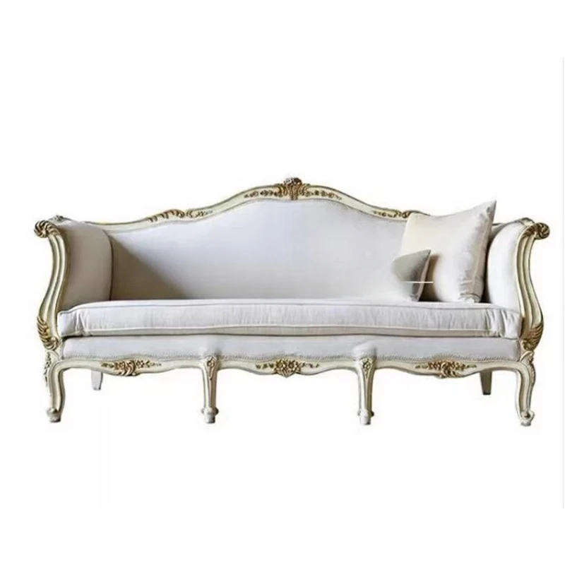 American French full solid wood carving flower retro studio photography single double three people gold painting sofa villa bed