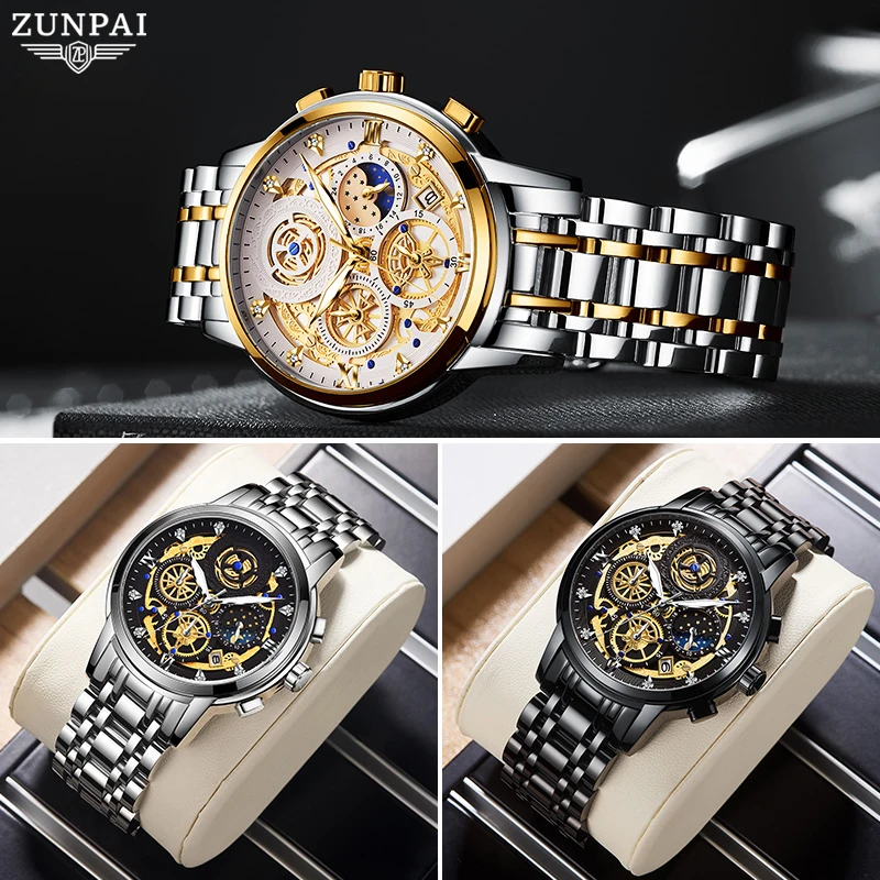 ZUNPAI Original Watch for Men Waterproof Stainless Steel Quartz Analog Fashion Business Sun Moon Star Wristwatches Top Brand