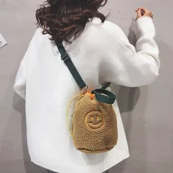 Smile Small Soft Flush Crossbody Bag Mini Girls/Womens Shoulder Bucket Bag Beige Black