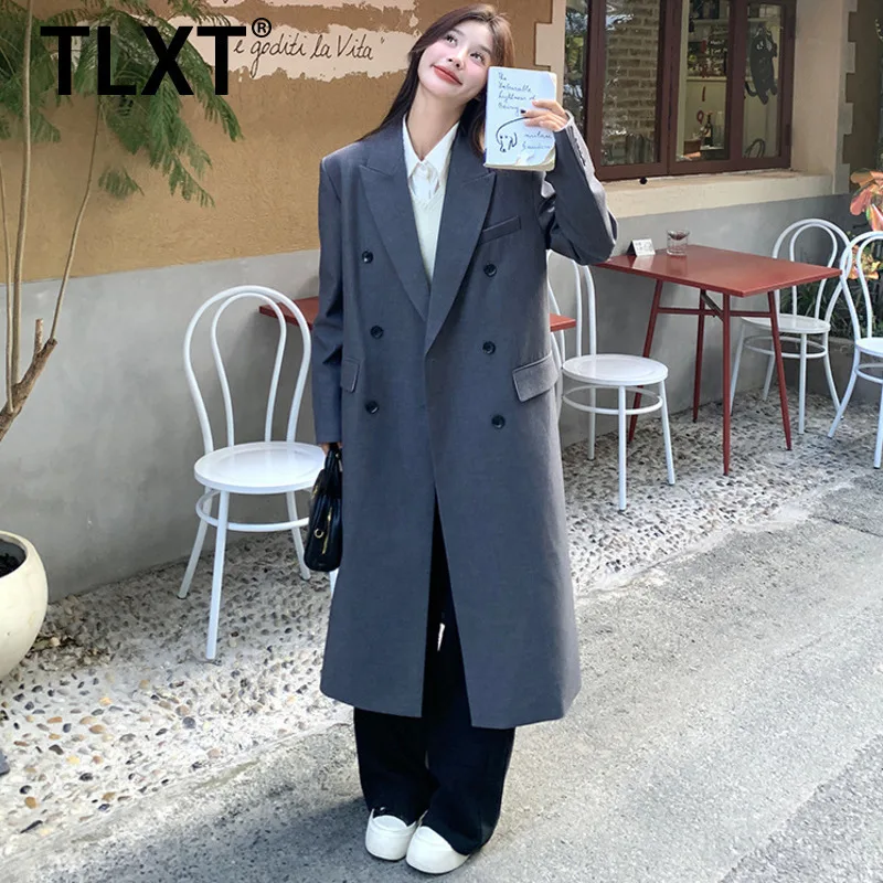 

TLXT Элегантный женский серый длинный пиджак с зубчатыми лацканами, двубортный деловой пиджак, модная осенняя новинка 2024, XK1632