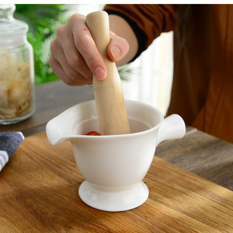 Plain White Embossed Porcelain Grinder with Sticker, Ceramic Mortar and Pestle for Fruit Vegetable Spice, Salad Food