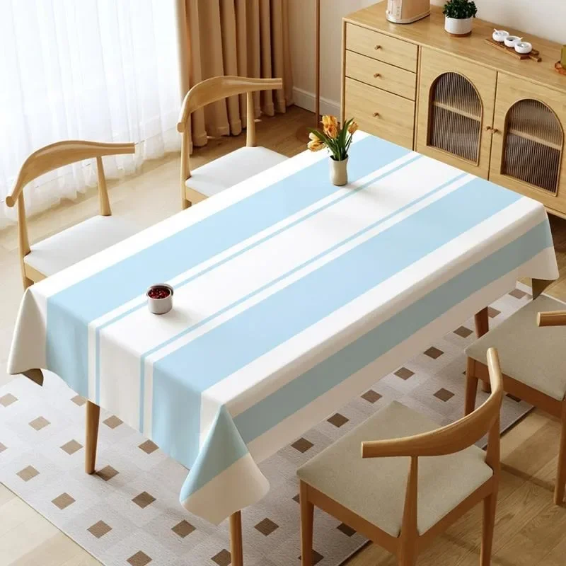 2Dtablecloth 1 piece - rectangular tablecloth, with light blue and white striped border and ruffled edges, easy to cleanxzj