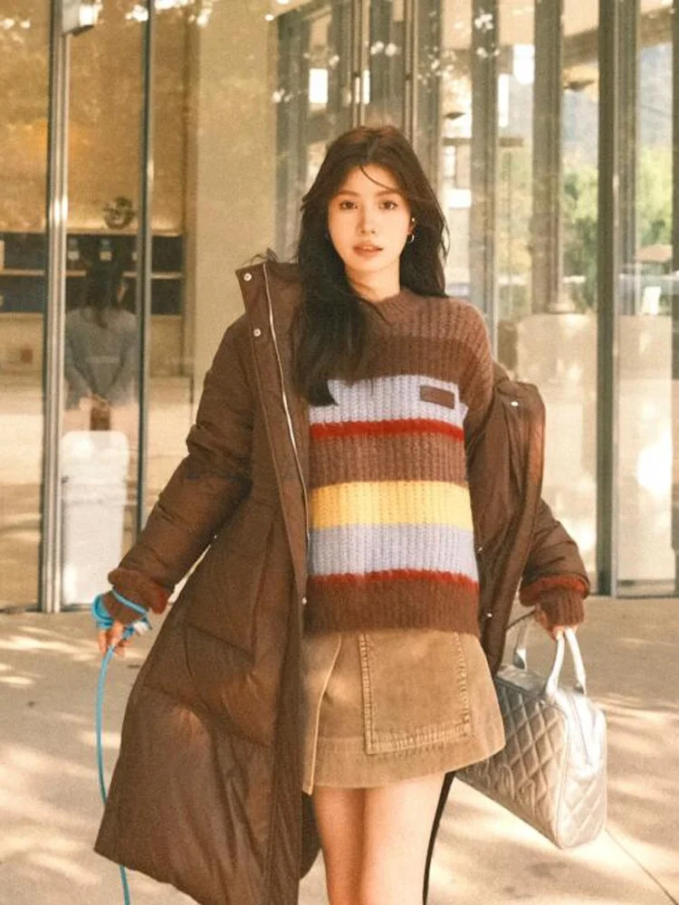 

Модный вязаный свитер в полоску в стиле ретро, женский ленивый цветной воротник, весеннее новое поступление, удобный свободный крой, круглый длинный...