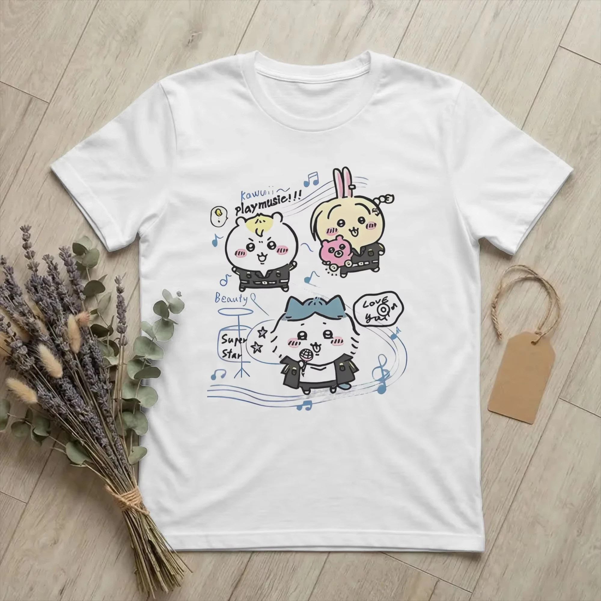 Men Women Chiikawas Usagi Music T Shirts Pure Cotton Clothing Humorous Short Sleeve Round Neck Tees Gift Idea T-Shirt