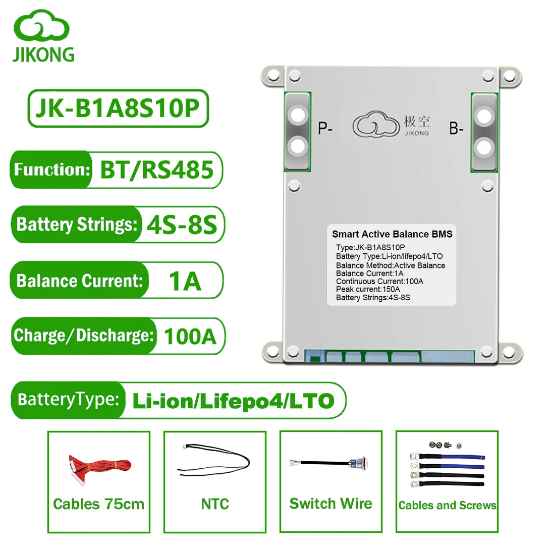 JK BMS JK-B1A8S10P 100A JKBMS 8S 24V 1A Active Balance 18650 Lifepo4 Battery 4S 12V 5S 6S 7S JIKONG Li-ion RS485 Camping Ebike