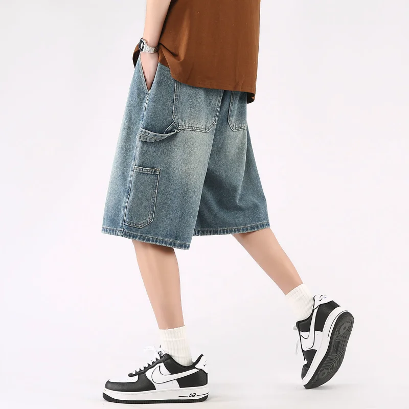 Streetwear Fashion Men Cargo Denim Shorts Summer New Elastic Waist Baggy Vintage Male Clothing Casual Short Knee Lenght Jeans