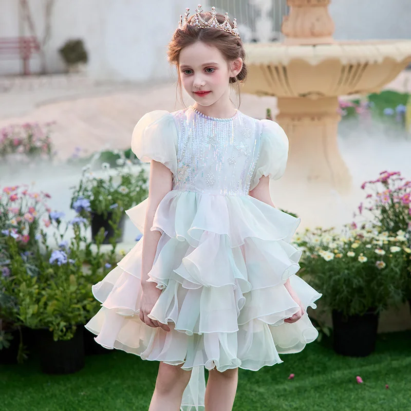 

Girls' New Stylish Bowknot Sequin Puffy Tulle Puff Sleeve Princess Dress