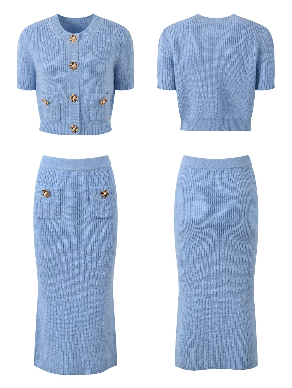 Luxury Designer Autumn Blue Knitted Two Piece Set For Women Diamonds Button Cardigans Long Pencil Skirts 2pcs Outfits