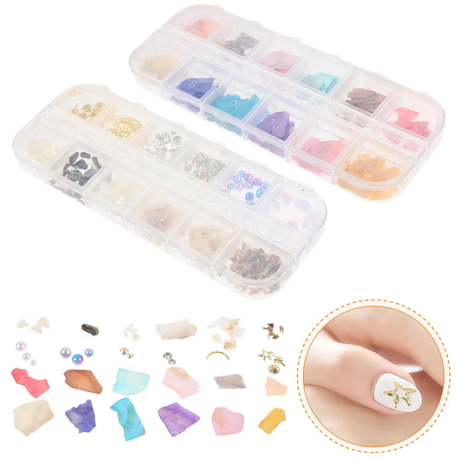 

2 компл.. Набор маникюрных инструментов для дизайна ногтей, декоративные украшения из морского ушка для украшения очков своими руками, коробка для хранения