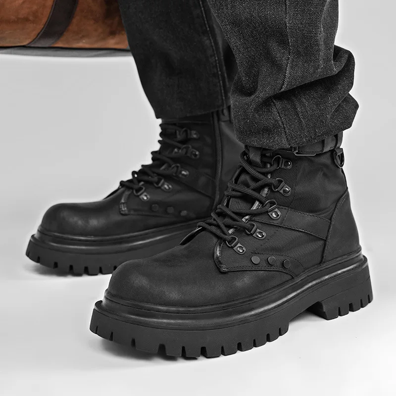 British style men's fashion original leather boots black trendy platform shoes cowboy tooling work boot handsome ankle botas man