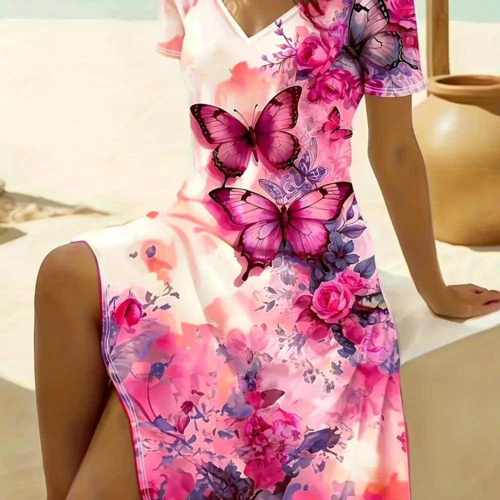 Womens Loose Casual Dress Short Sleeve Cute Cat Pattern Milk Silk Soft Fabric Street Style Summer Fashion Outfit Apparel