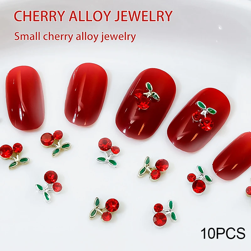 10pcs Silver Gold Cherry Alloy Rhinestone Brilliant Nail Decoration Parts For Nail Art Designs DIY Nail Art Accessories