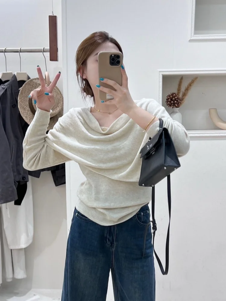 plus Size O-Neck Long Sleeve Knitted Shirt Autumn Fashion Slimming Inner Wear Beige Color Korean Style Women's Soft Fit Top