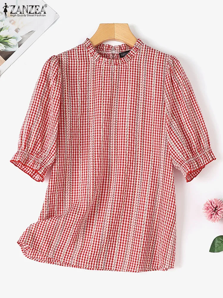 ZANZEA Vintage Party Holiday Tops Summer Short Sleeve Retro Plaid Checked Blouse Women Elegant Shirt Casual Work Blusas Chemise