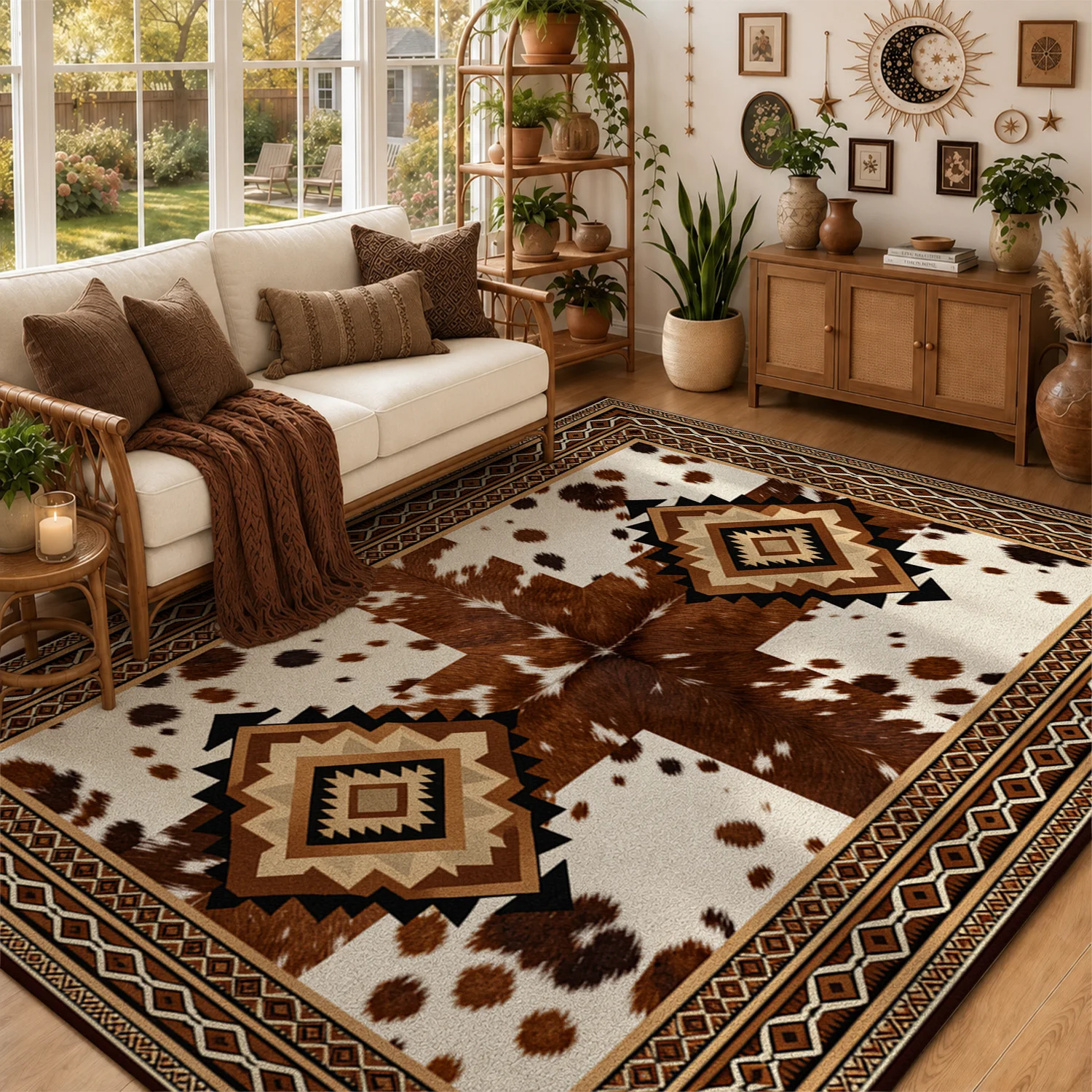 Southwestern Aztec Cowhide Geometric Pattern Area Rug, Velvet Machine Washable Floor Rug, Suitable for Living Room, Bedroom, Dining Area, Ideal for Halloween, Thanksgiving, Christmas, New Year Home Decor