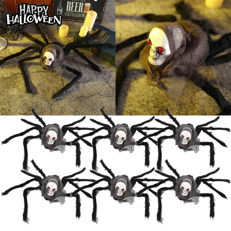 

Realistic Fluffy Spider Skull Veil Halloween Decor Scary Haunted House Prop Creepy Cobweb Fake Spiders Horror Party Theme