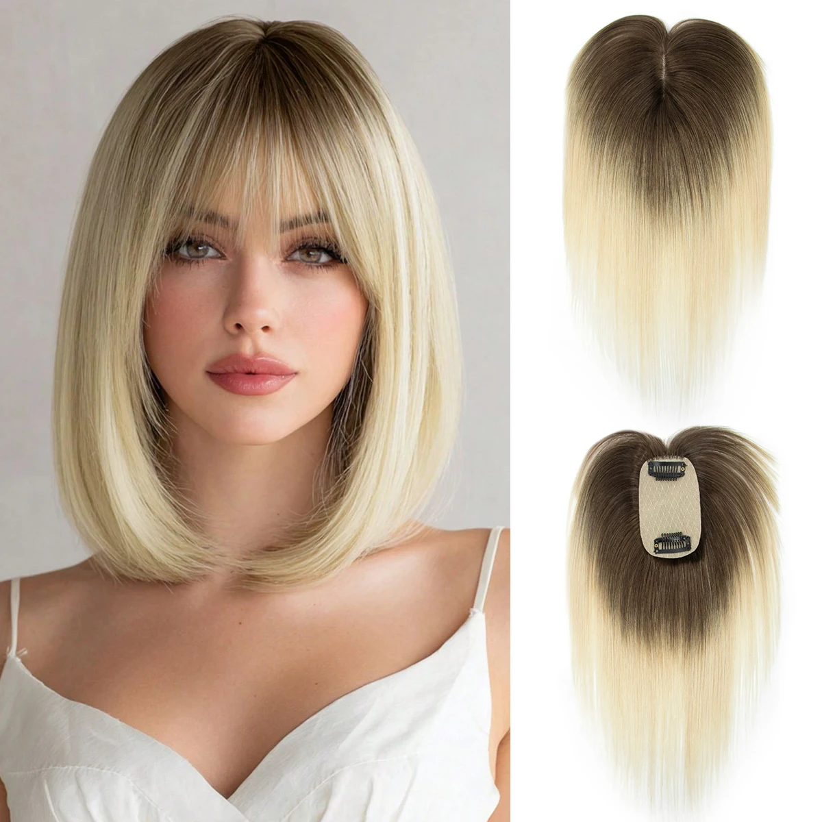 

Gradient hair color Real Human Hair Toppers for Women Daily 360° Bangs 3D Hair Pieces with Thinning Hair Bangs20, 25, 30, 35cm