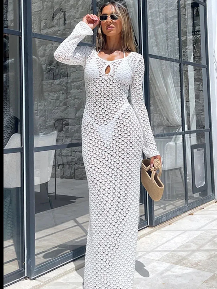 Tossy Knitted Hollow Sunscreen Dress Women's Summer Sexy Slim See-Through High-Waisted Solid Color Seaside Vacation Beach Dress