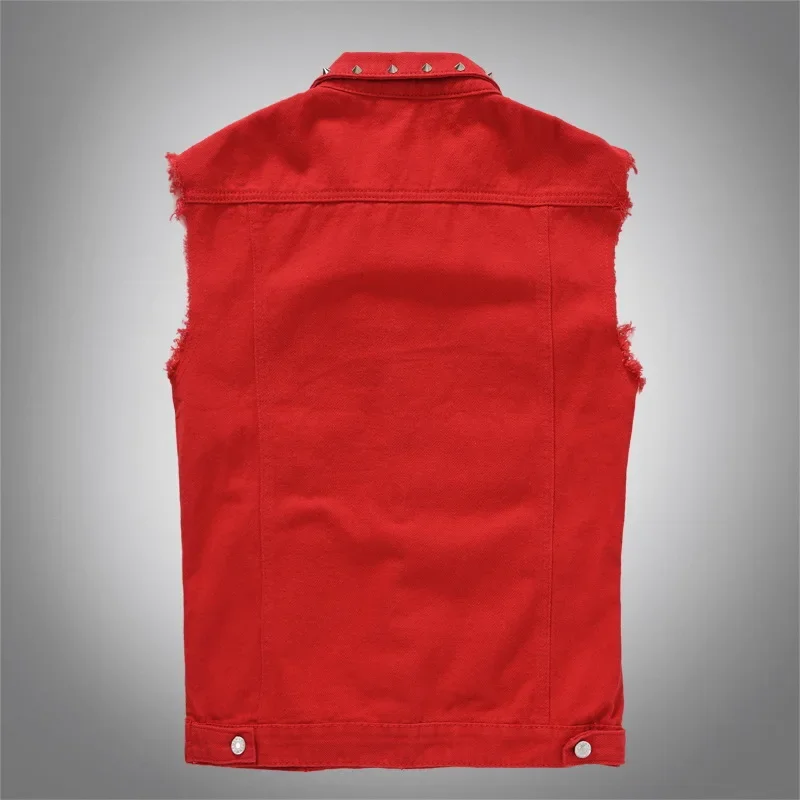 Chalecos de mezclilla para hombre, chaqueta con remaches empalmados, abrigos sin mangas con cuello vuelto, chaquetas ajustadas con botones y bolsillo de empalme Regular informal