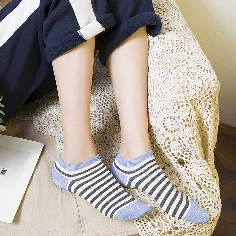 5 Pairs Spring Summer Women Socks Solid Colors Stripe Breathable Cotton Short Socks Female Funny School Girls Casual Ankle Socks