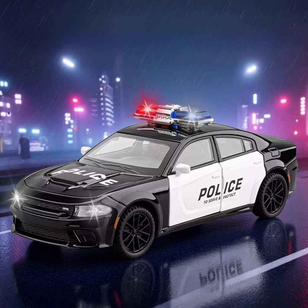 

1:32 Scale Charger Coaster Police Car Model Toy Alloy Diecast Sound Light Pull Back Doors Opened Models Boys Birthday Gifts