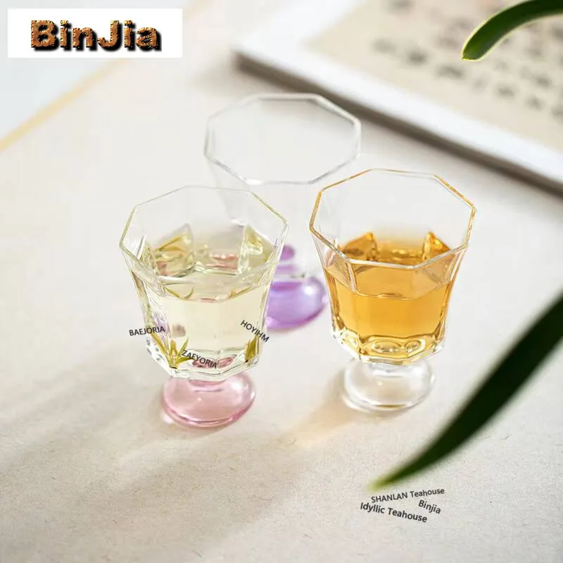 2 Stück/Set Glas Achteckige Kleine Teetasse mit Fuß Zen Teeschale Wasserkrug Teeverkostungs- und Duftbecher Jianzhan Meisterbecher Café-Geschenk 65ml