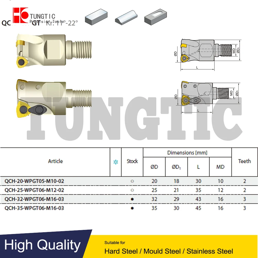 

QCH-35-WPGT06-M16-03 1PC ZCC CNC High-Feed Milling Indexable Milling Kr：11°-22° For Insters WPGT0604