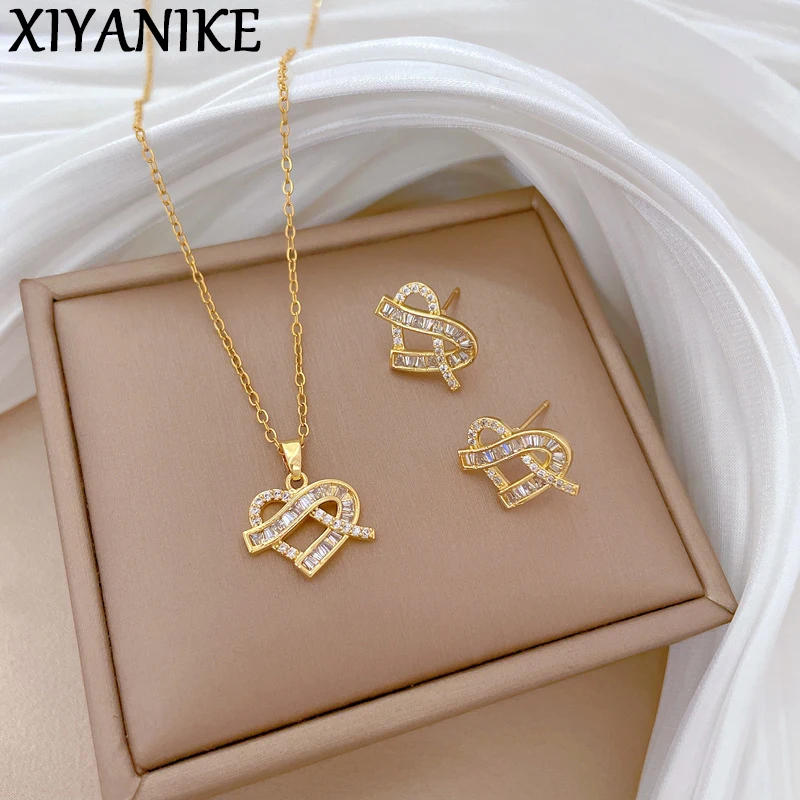 

XIYANIKE 316l Stainless Steell Necklace Earring Set Temperament Elegant White Zircon Cross Heart Shape Clavicle Chain Ear Studs