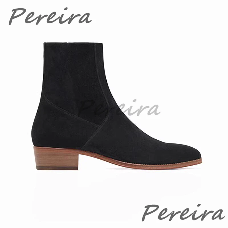 Men's Suede Leather Side Zipper Chelsea Boots British Style Cowhide Pointed Toe Short Boots Trendy Comfortable Party Dress Shoes