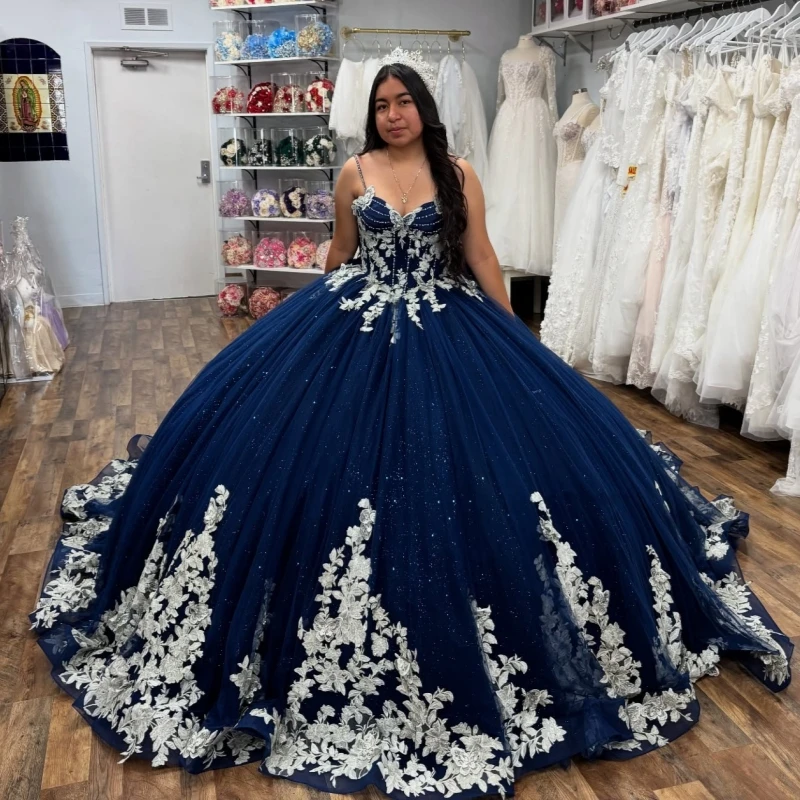 

Navy Blue Shiny Quinceanera Dresses Spaghetti Strap Applique Lace Beading Corset Tull Party Birthday Sweet 16 Dress Vestidos 15
