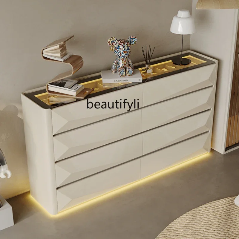 Bedroom high-end, bedside storage cabinet light luxury modern wabi wind against the wall with light glass drawer cabinet