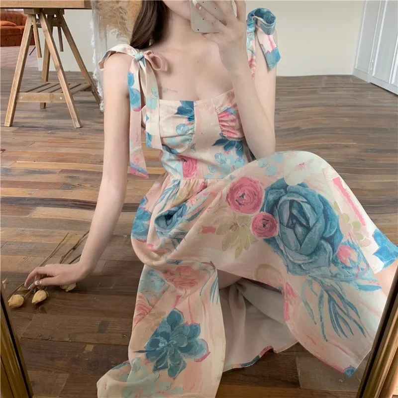 Elegant Vintage French Style Hainan Sanya Seaside Vacation Photography Tank Dress Sleeveless Printed Dress For Women