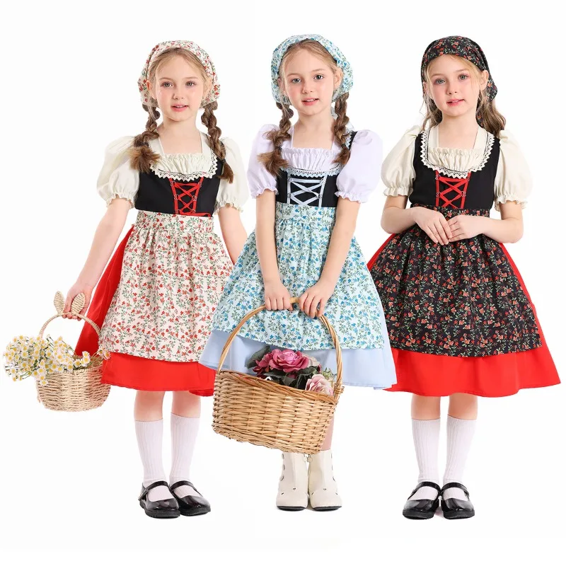 

Girls Little Red Riding Hood Costume Kids Oktoberfest Dirndl Dress Halloween Carnival Party Outfit