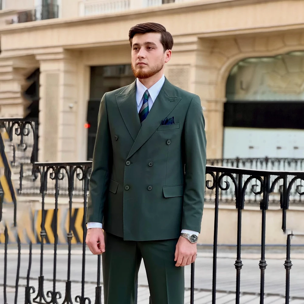 

Bespoke Green Men's Suits Smart Casual Double Breasted Peak Lapel Blazer Formal 2 Piece Jacket Pants Full Sets Clothing Terno