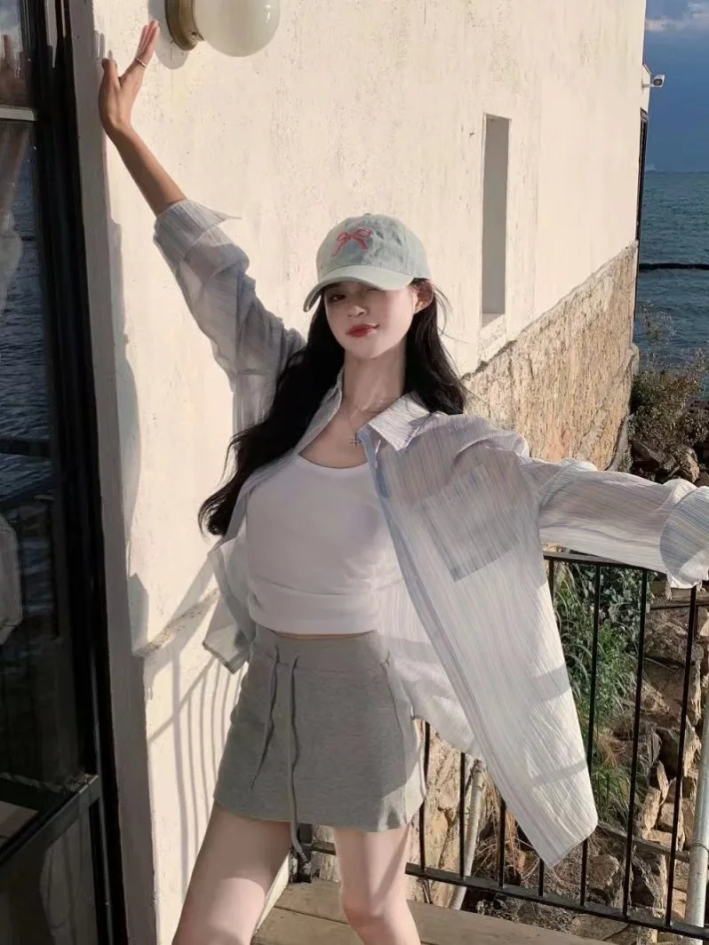 

Korean Style Lazy Striped Long Sleeve Sun Protection Shirt Women Summer Thin Loose Slimming Neck Ice Silk Cotton Linen Top