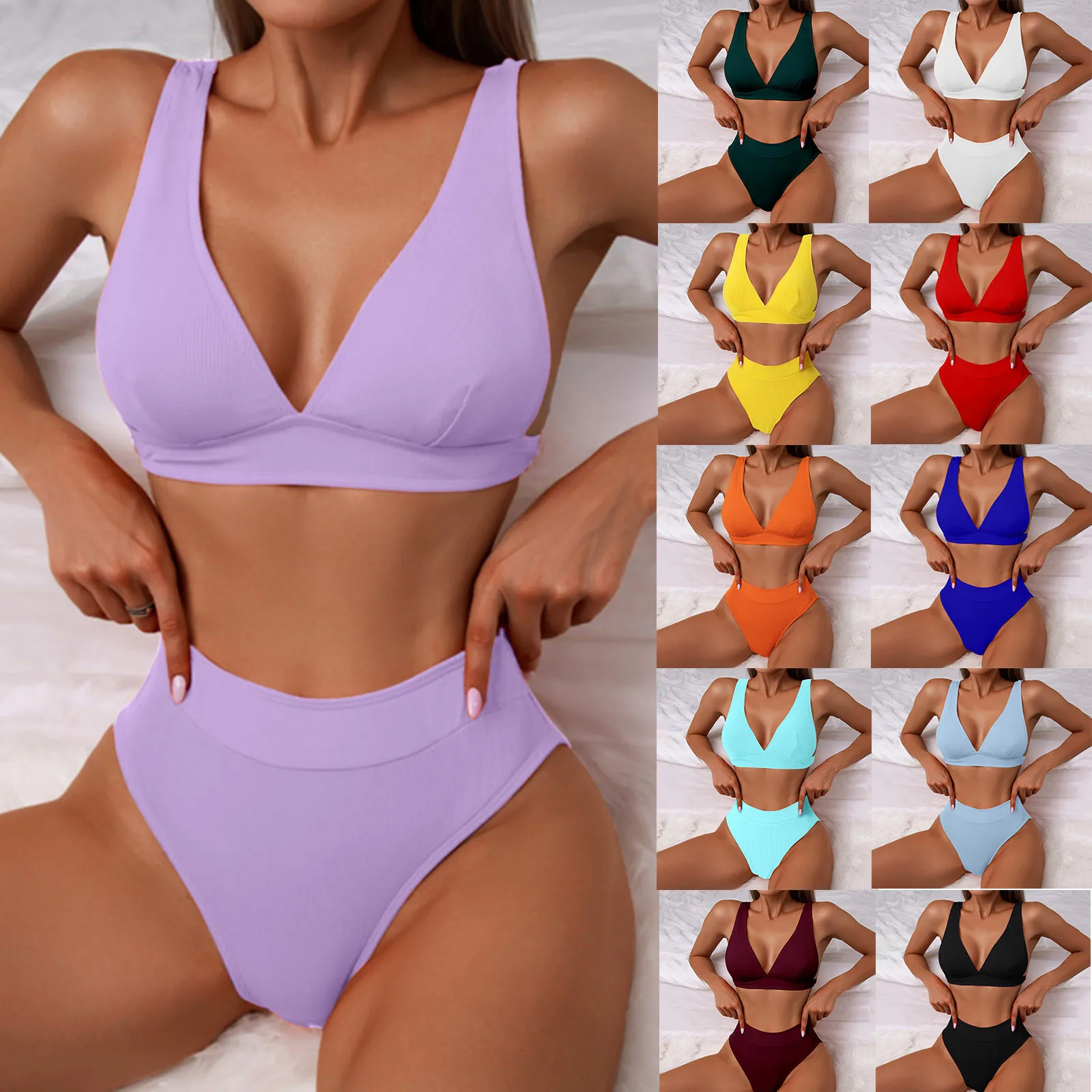 

2024 New Sexy V-Neck Ribbed Bikini High Waist Swimsuit Women Solid Push Up Swimwear Female Bathing Suit Bikini Set Beachwear