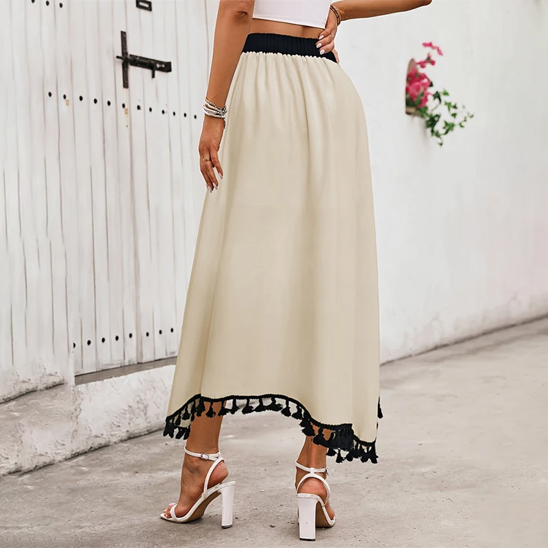 Women Tassel Skirt Vintage High Asymmetric Hem India Folk Straight Solid Casual High Street Autumn Fashion Female Cover-Up Beach