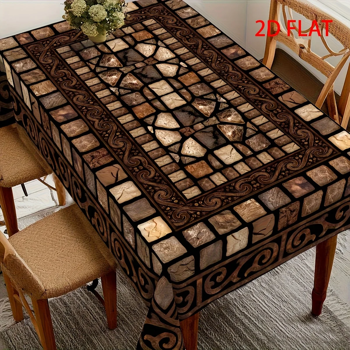 Tablecloth 1 piece - Retro Stone Pattern Mosaic Tablecloth, featuring stone-like square and scroll designs