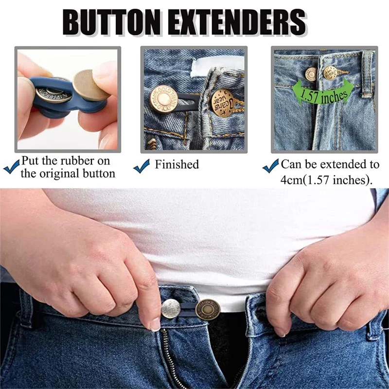 Metal Button Extender for Jeans Pants Free Sewing Adjustable Retractable Waist Buttons Instant Waistband Extender Fastener Pins
