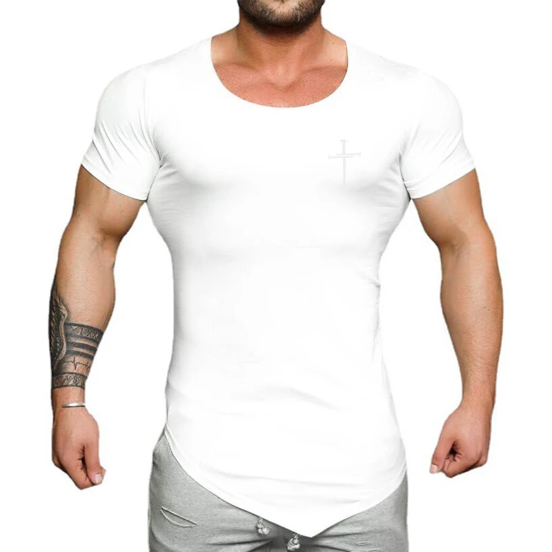 Personalized Cross Print Short Sleeve Slim Fit Shirt Mens Running Sport Fitness Cotton Tee Tops Gym Bodybuilding Workout T-Shirt