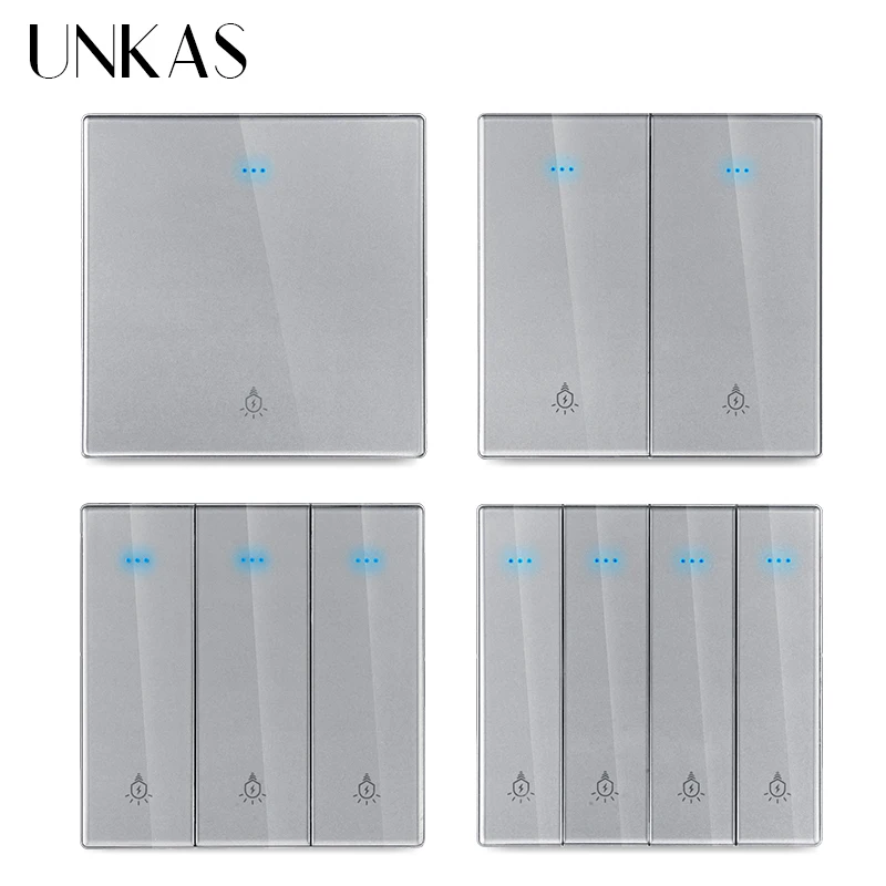 

UNKAS Push Button Switch Gray Glass 1 / 2 / 3 / 4 Gang 1 / 2 Way On / Off Wall Light Switch Piano Keys LED Backlight Outlet