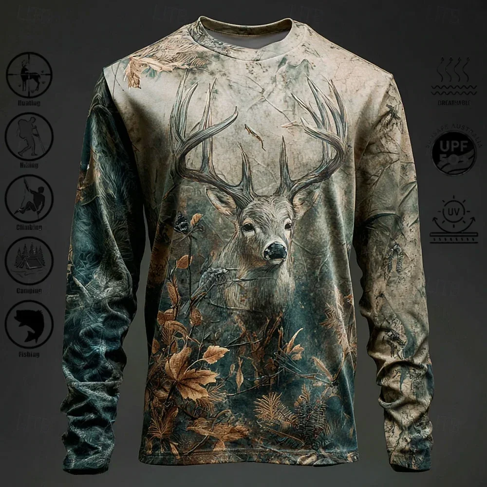Herren Langarm-T-Shirt aus Polyester mit 3D-Camo-Druck, UPF50+ UV-Schutz, Rundhalsausschnitt, atmungsaktiv, ideal zum Angeln, Jagen, Wandern und für Outdoor-Aktivitäten. – Detail 6