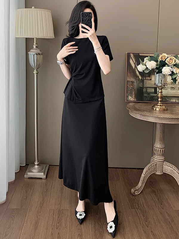 

Summer Fashionable Women's Black Short Sleeve Top And Half Skirt Two-Piece Set Unique Design Sensation Whole Suite