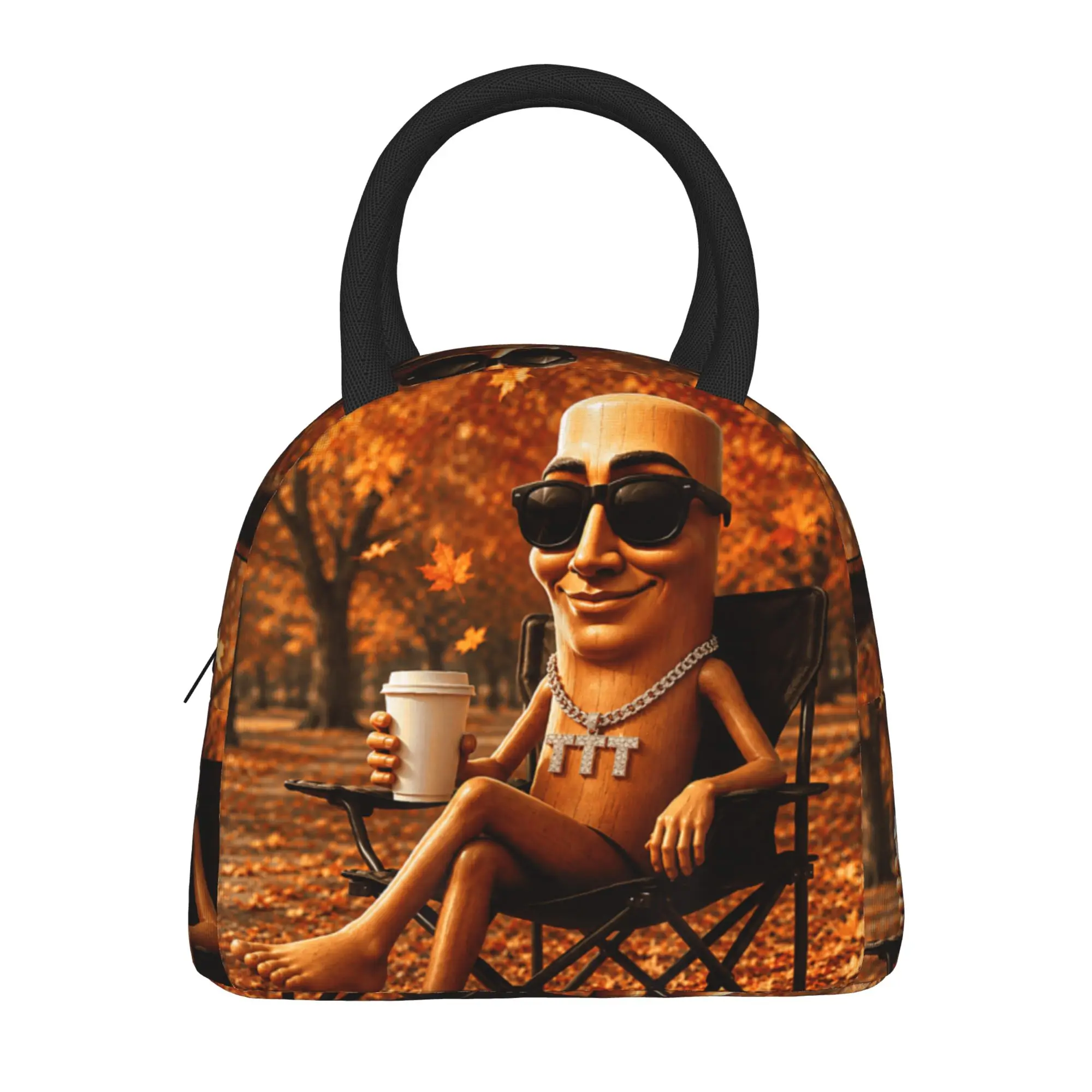 Autumn Park Coffee Time Funny Tung Sahur Brainrot Fall Meme Lunch Bag Outdoor Picnic Lunch Box Women Retro Print Tote Food Bags