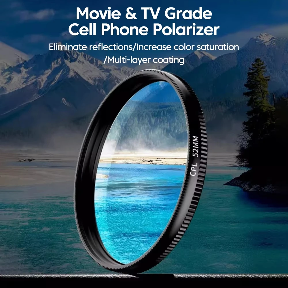 Universal 52mm CPL Camera Lens Filter with Clip Portable Polarizer Anti Reflection Color Correct for iPhone Samsung