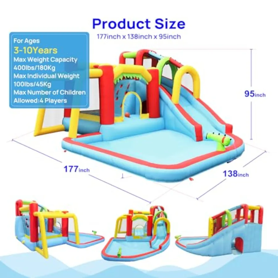 Aufblasbare Hüpfburg mit Gebläse zum Aufblasen, Springen, Hüpfburg mit Rutsche, Kletterwand, Basketball, lustiger Tunnel, Fußball, P