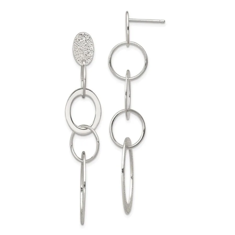 

Sterling Silver Polished Textured Circle Oval Links Post Dangle Earring