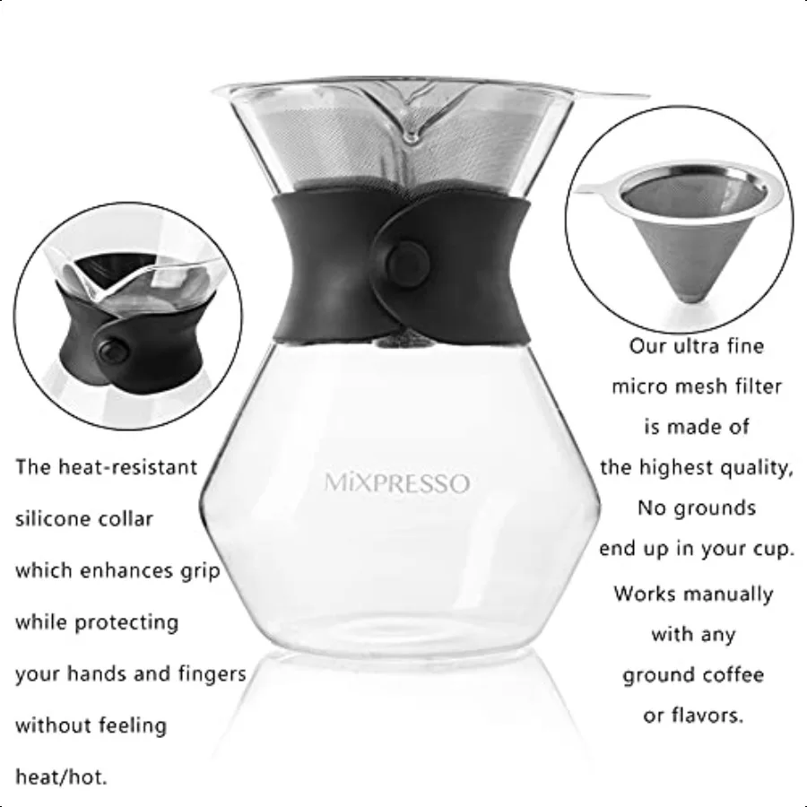 Pour Over Coffee Maker Set Glass Carafe Borosilicate White Protective Silicone Sleeve Pour Over Coffee Dripper Brewer With Doub
