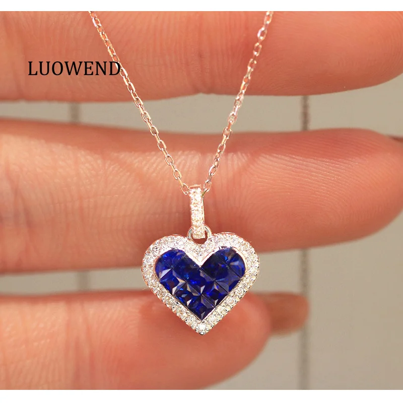 

LUOWEND 100% ожерелье из белого золота 18 карат, женское элегантное ожерелье в форме сердца с блестящими бриллиантами и натуральным сапфиром, ювелирные изделия